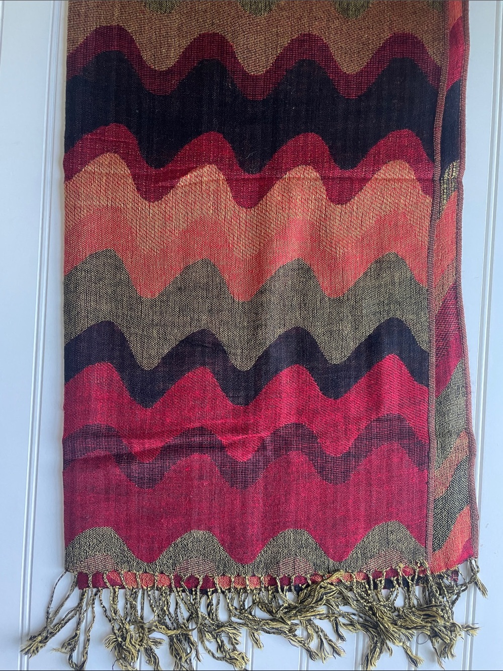 100% Pashmina Cashmere Scarf Red, Gold, Coral, Black Wave Pattern - 28"W x 70"L